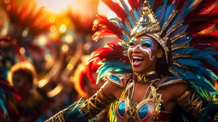 Photo sur Plexiglas Carnaval Portrait of a beautiful woman in a costume at the carnival in Rio de Janeiro, Generative AI