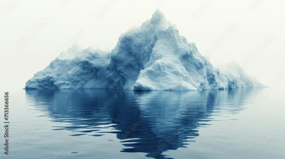 Poster a large iceberg floating on top of a lake next to a large iceberg in the middle of the ocean.