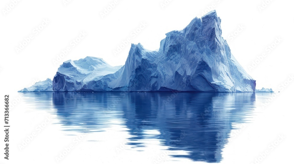 Poster a large iceberg floating on top of a lake next to a large iceberg in the middle of the ocean.