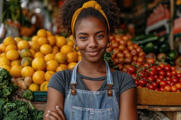 Woman selling fruit and vegetables in a market. Femme vendant des fruits et légumes dans un...