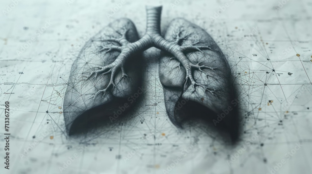 Poster a drawing of a human lungs on top of a sheet of paper with lines and points of interest on it.