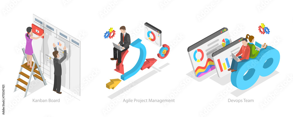 Poster 3d isometric flat conceptual illustration of software development, agile management, kanban and devo
