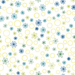 Seamless pattern with small flowers and circles. Design for print in retro style. Delicate blue green flowers on transparent background. Vector illustration for wallpaper, paper, textile, cards.