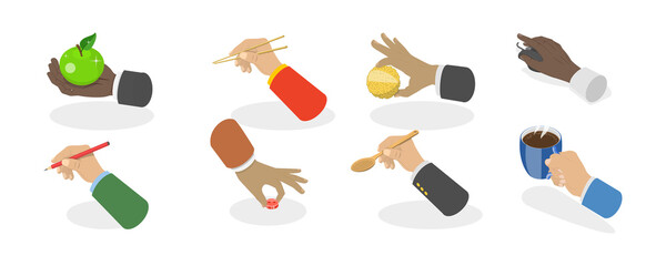 3D Isometric Flat  Set of Hand Gestures, Hands Holding Stuff