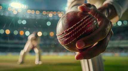 Cricket Ball In Stadium, Closeup Shot, Cricket man Playing shot with Cricket ball