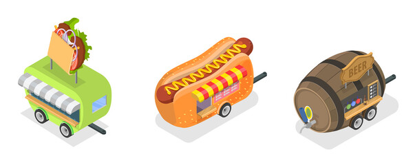 3D Isometric Flat  Conceptual Illustration of Street Food Trucks, Mobile Restaurant