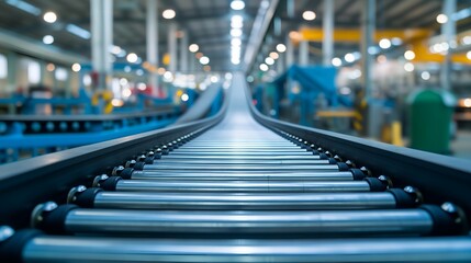 Naklejka premium Motion blur conveyor belt in a factory warehouse. Industrial background.