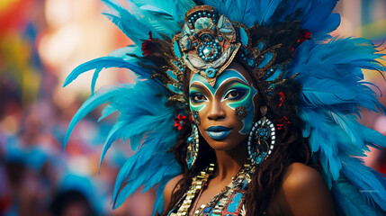 Portrait of a beautiful woman in a costume at the carnival in Rio de Janeiro, Generative AI