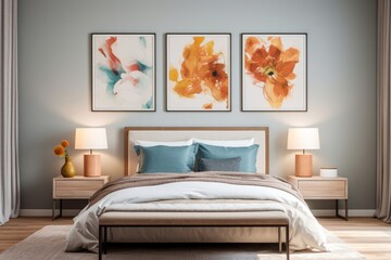 Gallery-style bedroom with framed mockups, showcasing a curated collection of artwork