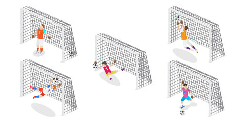 3D Isometric Flat  Set of Goalkeepers, Goalie Characters in Motion