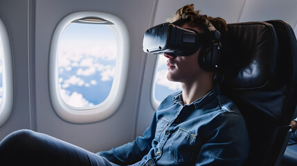 Photograph of one man at a plane seat wearing a VR headset.