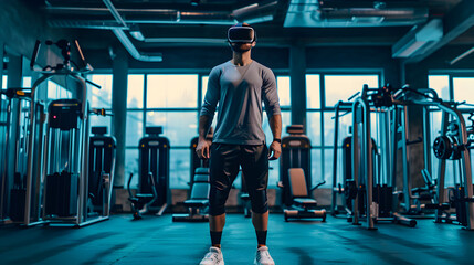 Photograph of one man at the gym wearing a VR headset. - obrazy, fototapety, plakaty