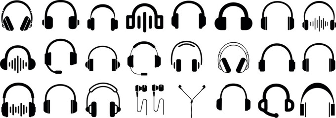 Headphone Vector Set, Diverse headphones, audio equipment silhouettes, music listening devices. Black icons on white background, perfect for logos, design elements