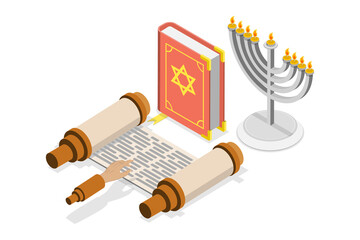 3D Isometric Flat  Set of Jewish Religion Items, Judaism Culture