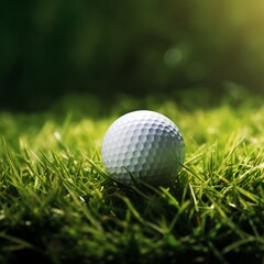 Golf ball on green grass. Focus on golf ball, shallow depth of field.AI.