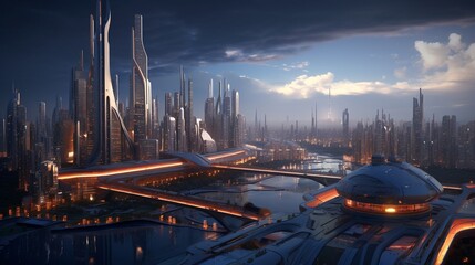 Fototapeta na wymiar Futuristic city with high skyscrapers and high-rise buildings. AI.