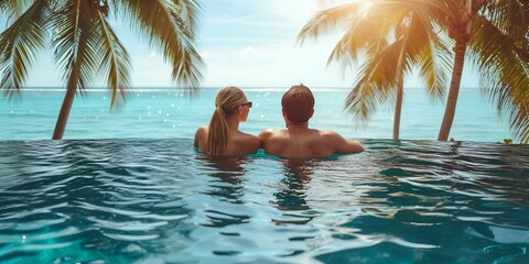 Couple relaxing in swimming pool at tropical resort. Honeymoon concept