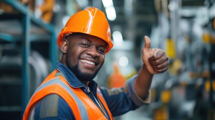 African american man in orange hard hat in light premises of heavy machinery industry plant with thumbs up