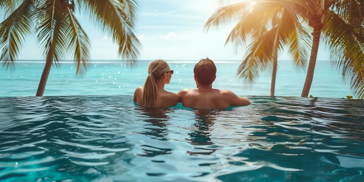 Couple relaxing in swimming pool at tropical resort. Honeymoon concept