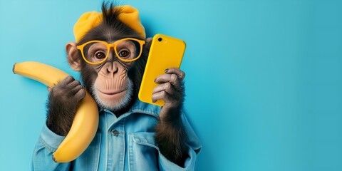 Cute monkey in a blue jacket with a yellow banana and phone on a blue background - obrazy, fototapety, plakaty