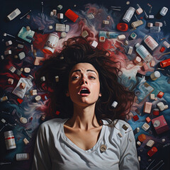 Distressed Brazilian woman, 30s, in bed with severe headache, surrounded by various medication tablets.