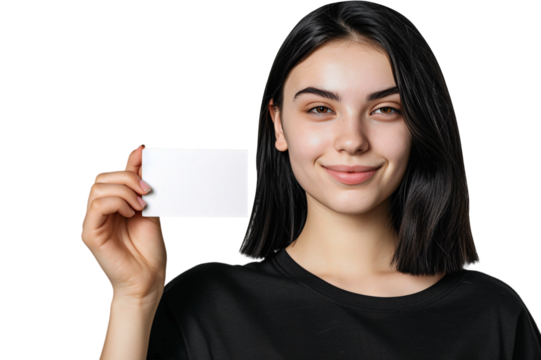 woman holding and showing a blank white business card mockup isolated on a transparent background
