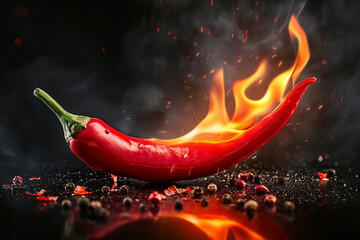 A flaming hot red chilli pepper on fire. Burning hot spicy chilli food - obrazy, fototapety, plakaty