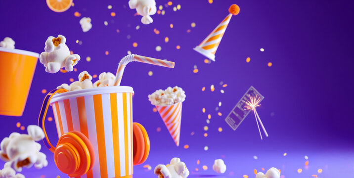 Bright 3D composition of elements on the theme of the movie theater on a purple background. The image is dynamic, colorful, filled with a sense of fun and fantasy