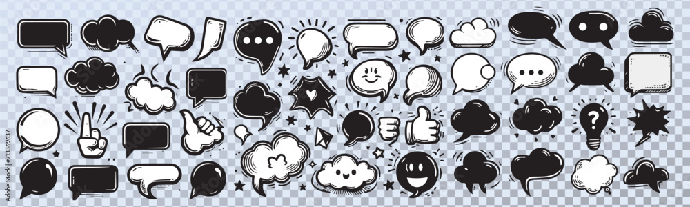 Aufkleber Retro empty comic bubbles and elements set with black halftone shadows on transparent background. Vintage design, pop art style - stock vector.