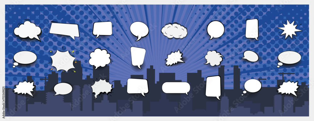 Poster hand drawn retro cartoon stickers. pop art style. retro empty comic bubbles and elements set with bl