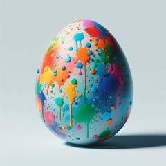 Easter egg doused with colorful paint isolated on a pastel gray background. Easter holiday concept in minimalism style. Fashion monochromatic composition. Web banner with copy space for design.