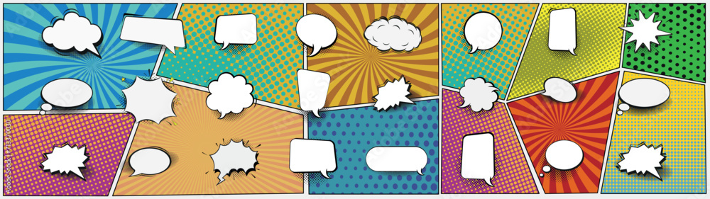 Poster hand drawn retro cartoon stickers. pop art style. retro empty comic bubbles and elements set with bl