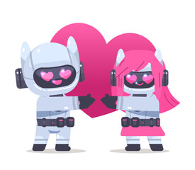 Couple of robots in love hugging a heart. Cartoon vector illustration