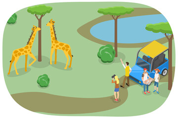 3D Isometric Flat  Conceptual Illustration of Safari, Tropical Tourism, Exotic Recreation