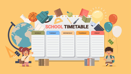 Two cute student stands near school timetable. Schoolchildren with school schedule on yellow printable illustration