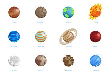 3D Isometric Flat  Set of Solar System Planets, Galaxy Astronomical Objects © TarikVision