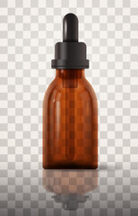 Realistic brown glass bottle with pipette. Cosmetic serum drop pipette vector illustration on transparent background