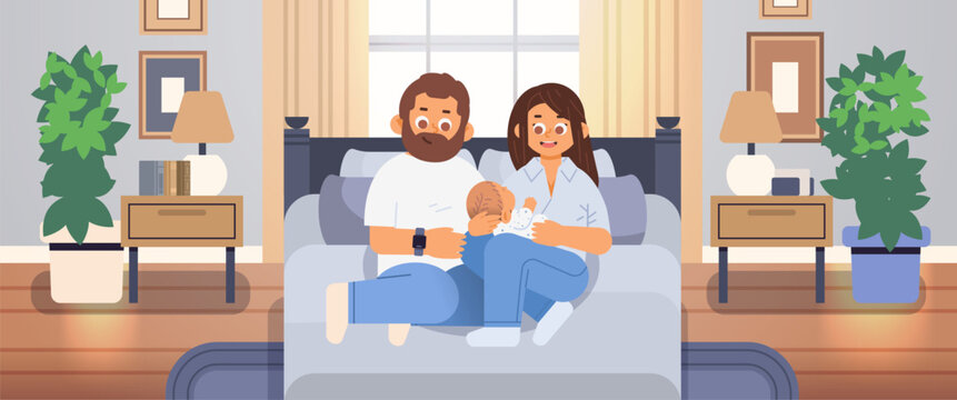 Young modern parents rejoice at the arrival of baby in their home. New member of family concept illustration