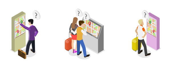 3D Isometric Flat  Conceptual Illustration of Information Kiosk, Interactive Digital Machines