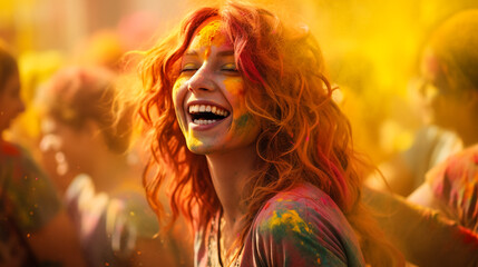 girl enjoying colourful holi with smiling face, celebration of holi,  Generative Ai