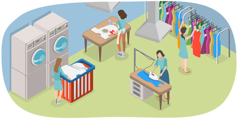 3D Isometric Flat  Conceptual Illustration of Dry Cleaning Service, Commercial Laundry