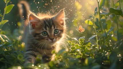 A cute playful kitten chasing a fluttering butterfly with dappled sunlight through lush foliage at the background - obrazy, fototapety, plakaty