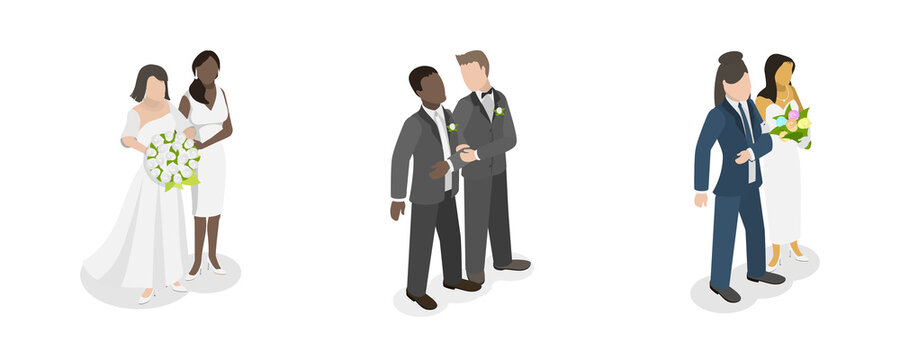 3D Isometric Flat  Conceptual Illustration of LGBTQ Marriage, Homosexual Non-traditional Families