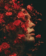 Creative abstract portrait of a beautiful woman with red roses