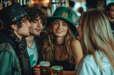 Group of friends enjoying St. Patrick's Day drinks at a bar with festive attire