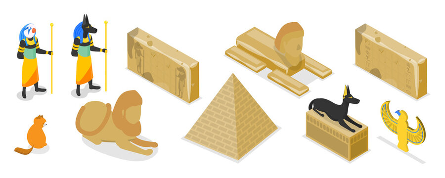 3D Isometric Flat  Set of Egypt Symbols, Old Civilization Archaeology Artifacts