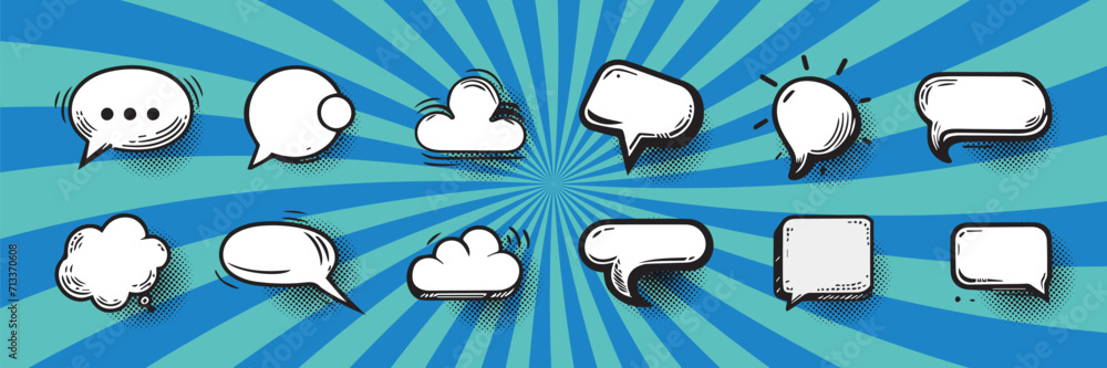 Poster Retro empty comic bubbles and elements set with black halftone shadows. Comic empty speech bubble with space for your text, dots, stars and clouds