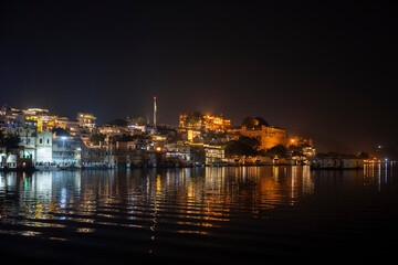 Udaipur City at night in Rajasthan, India