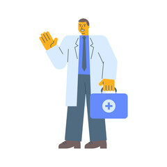 Doctor in robe holds suitcase waves hand and smiles