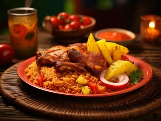 west african meal with orange-red cooked rice with tomatoes, onions, peppers, and garnished with ripe plantain and chicken on it, served in african traditional plate